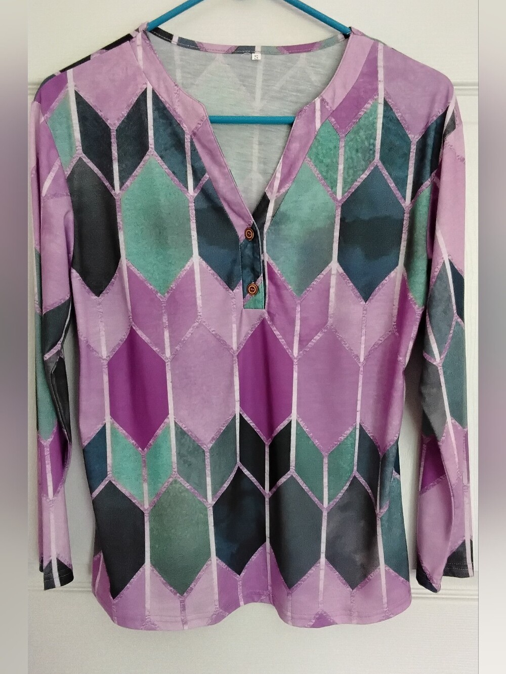 Women’s Geometric Long-Sleeve V-Neck Top - Purple & Teal